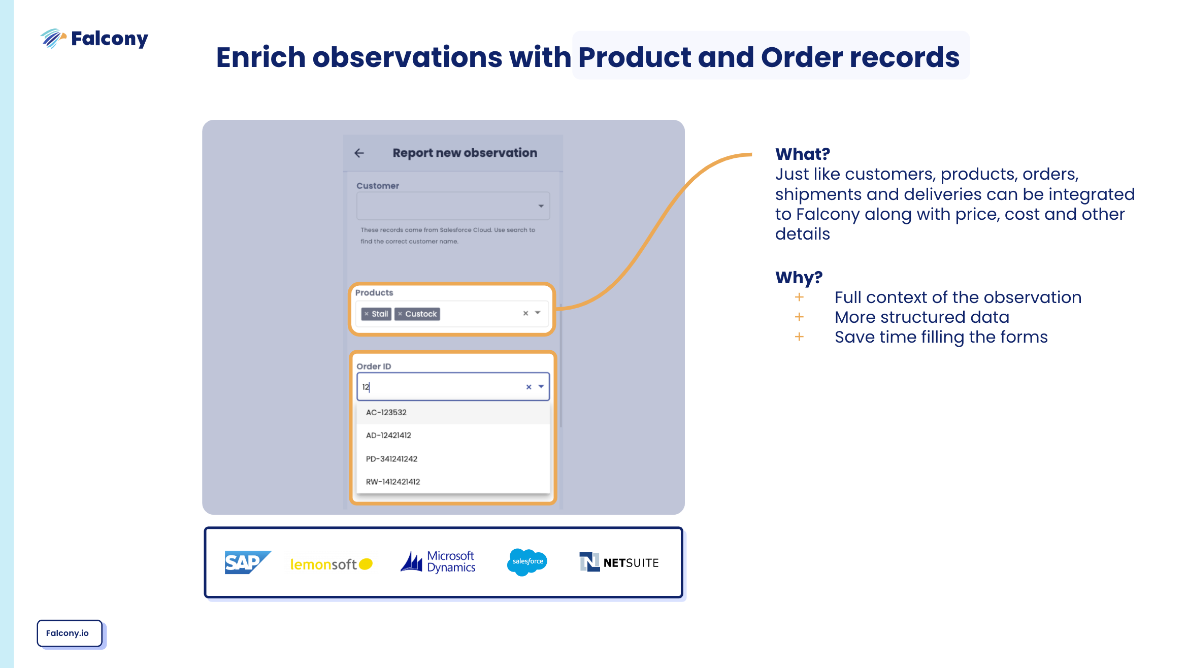 Bring products and order records to Falcony